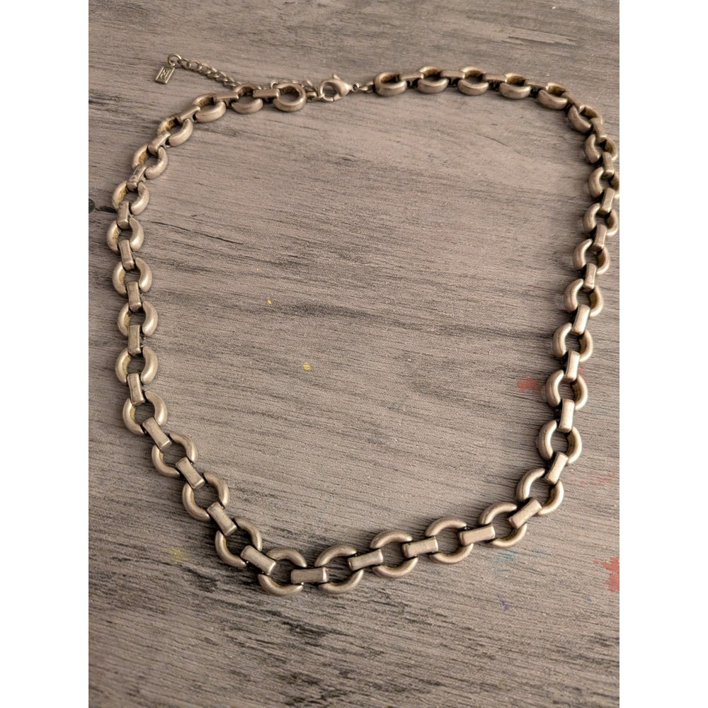 Vintage Silver Tone Oval Bar Link Chain Necklace Mens Industrial Style Jewelry